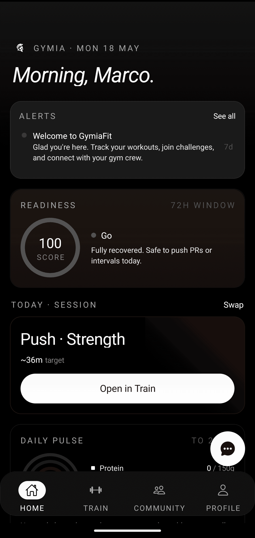 Gymia Home screen