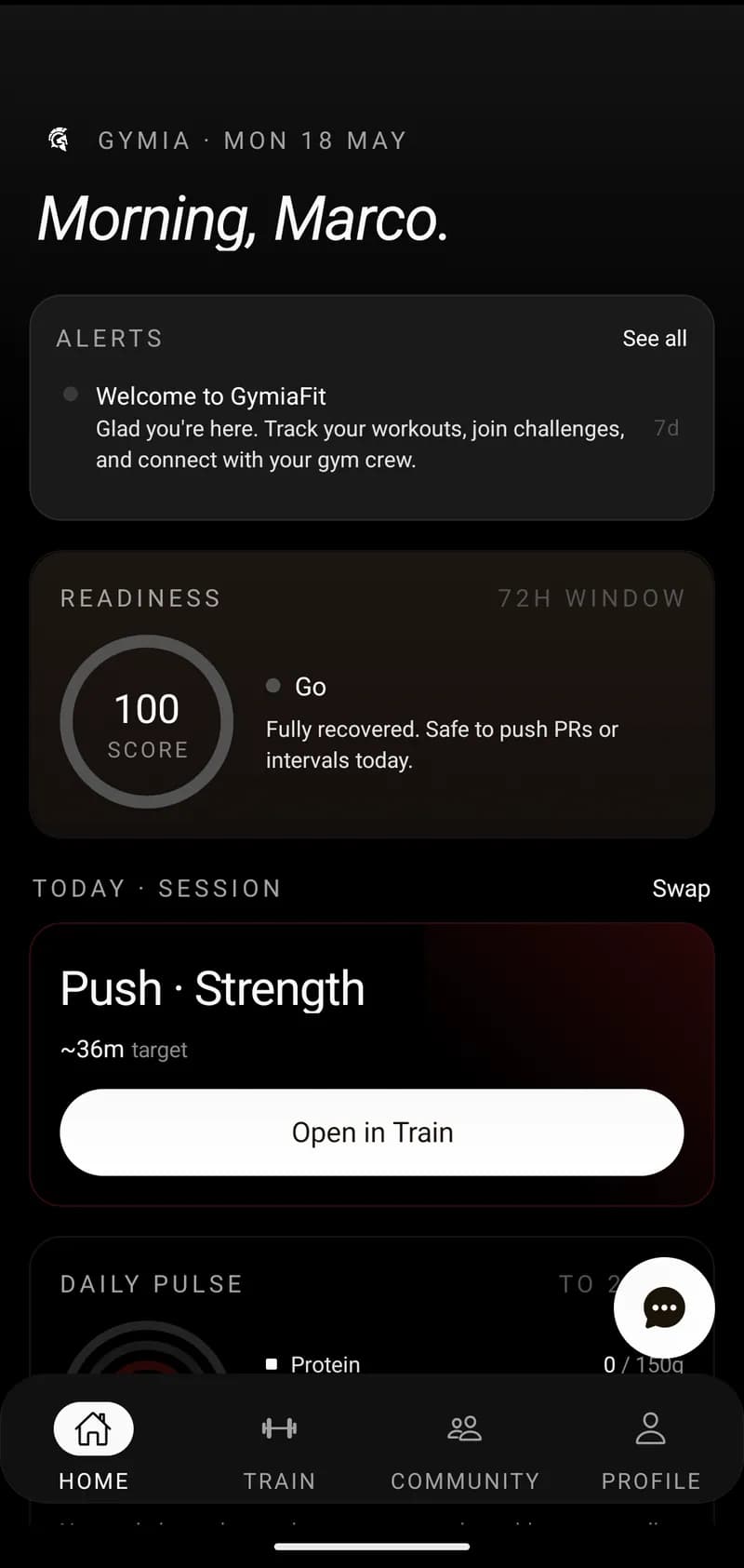 Gymia Home screen