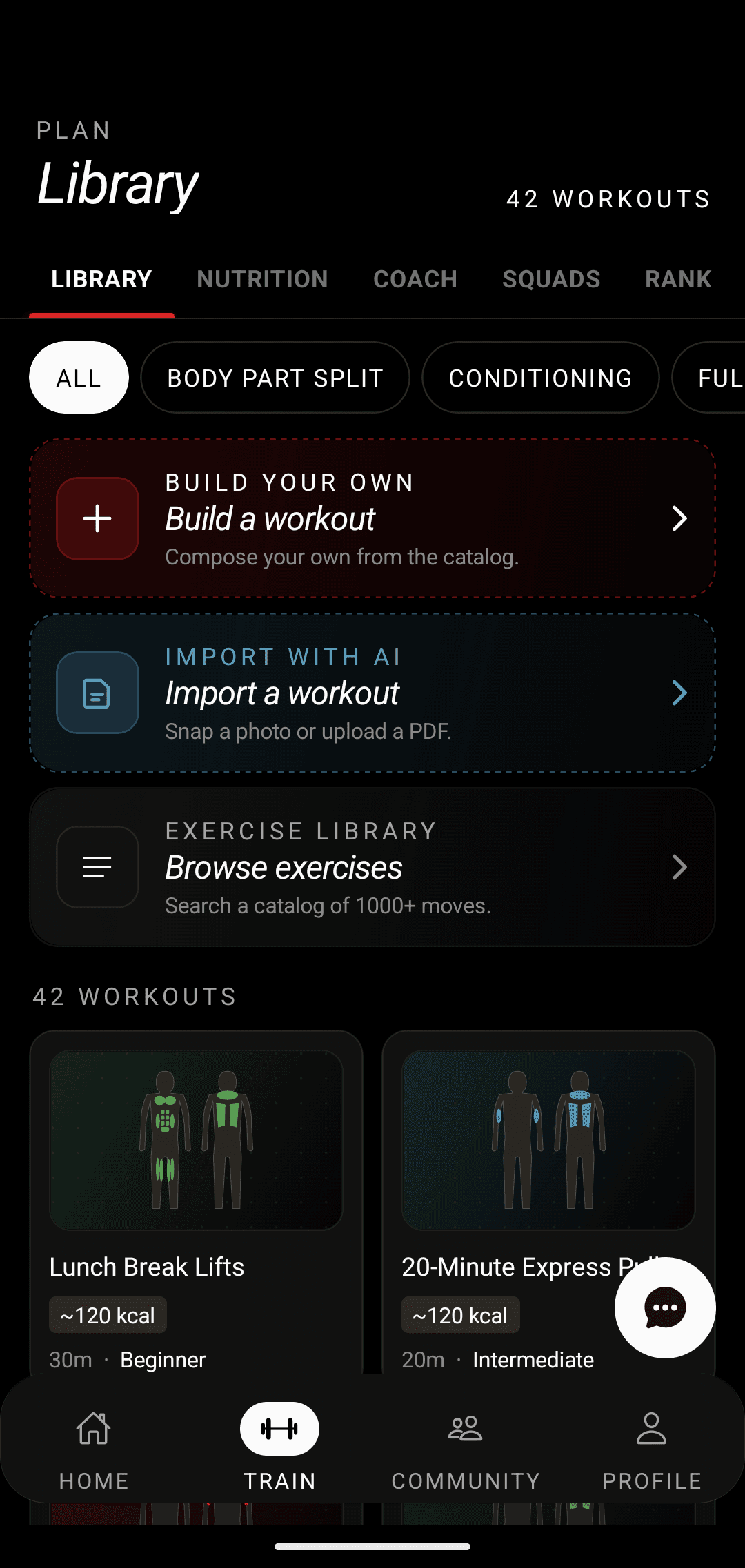 Gymia Train library screen showing 40 workouts