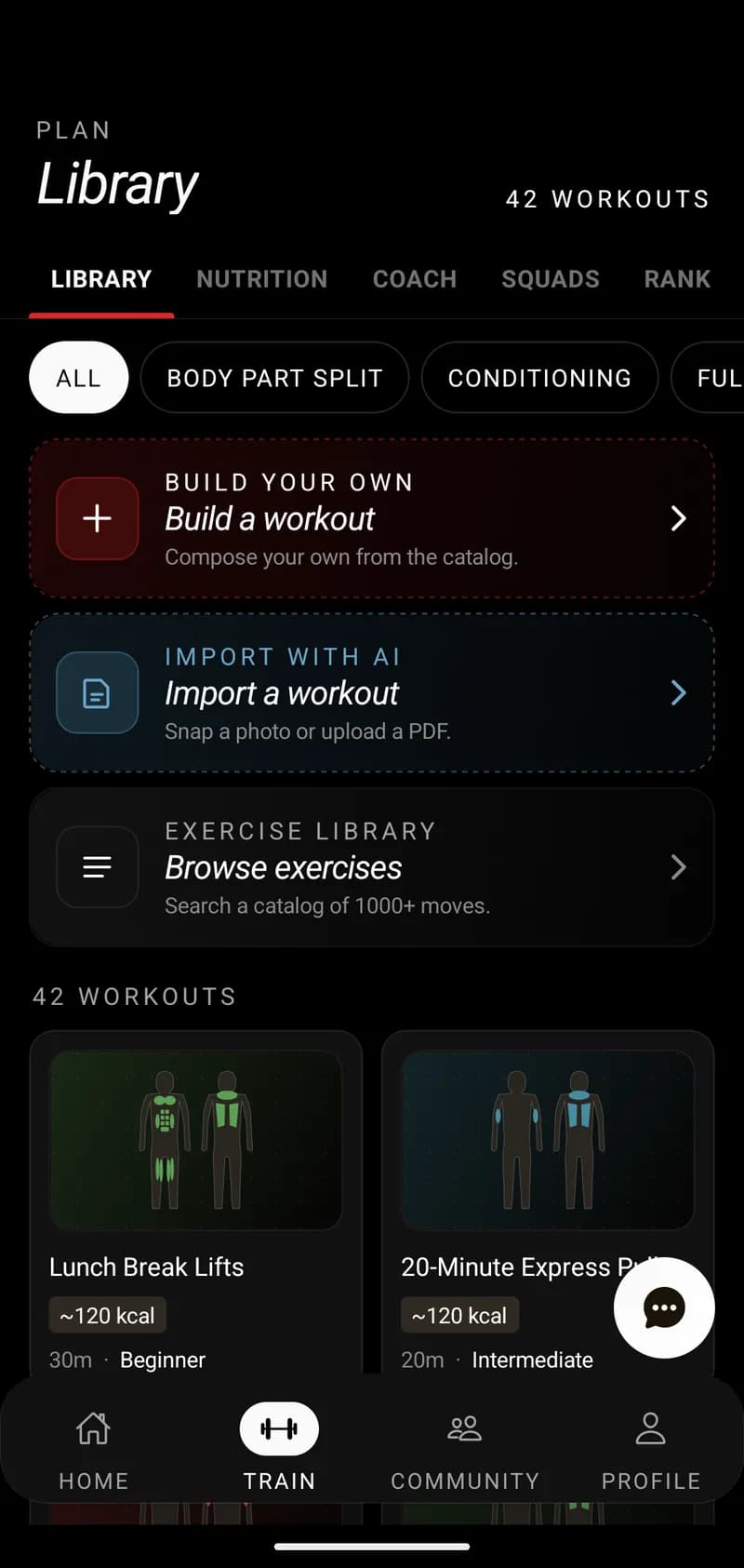 Gymia Train library screen showing 40 workouts