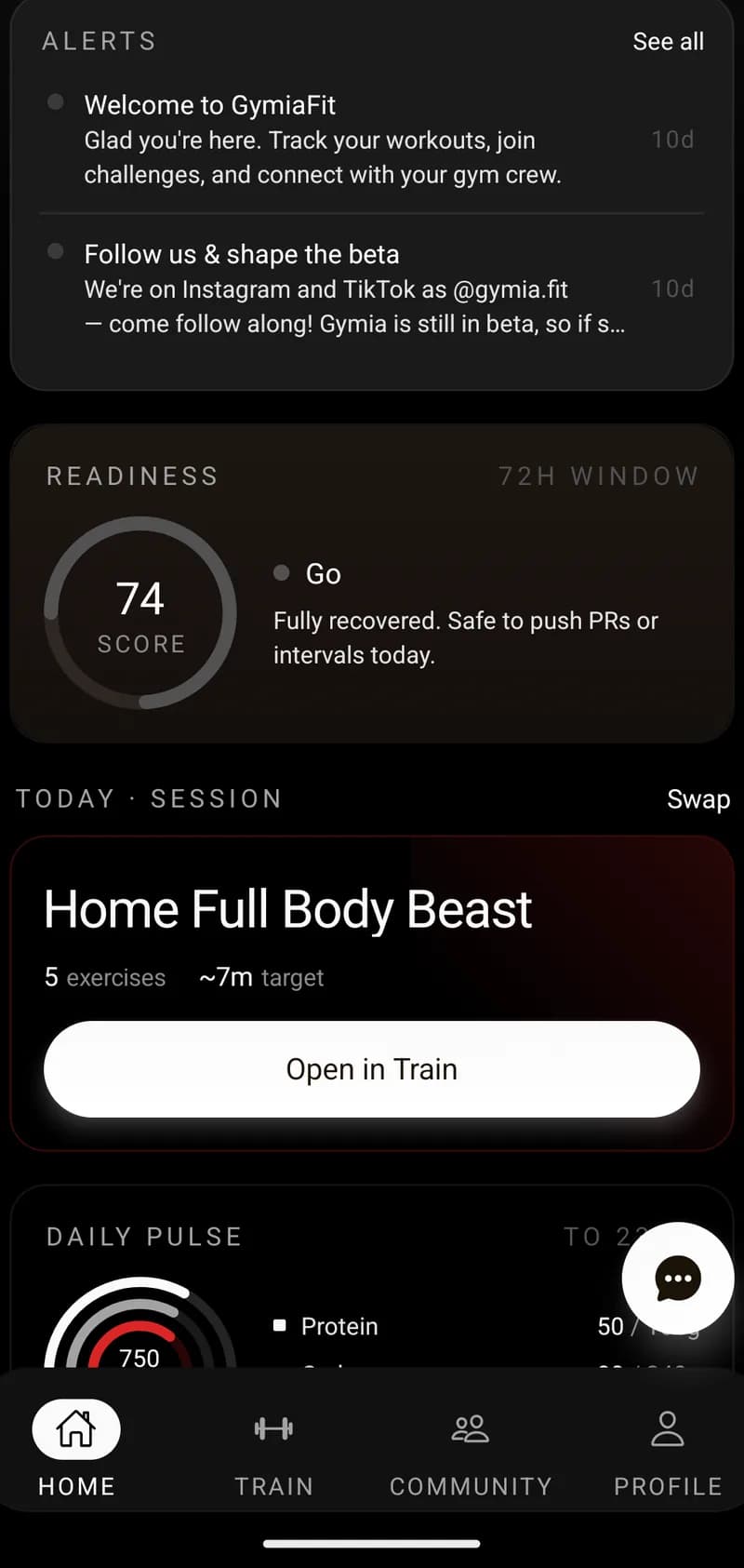 GymiaFit Home screen