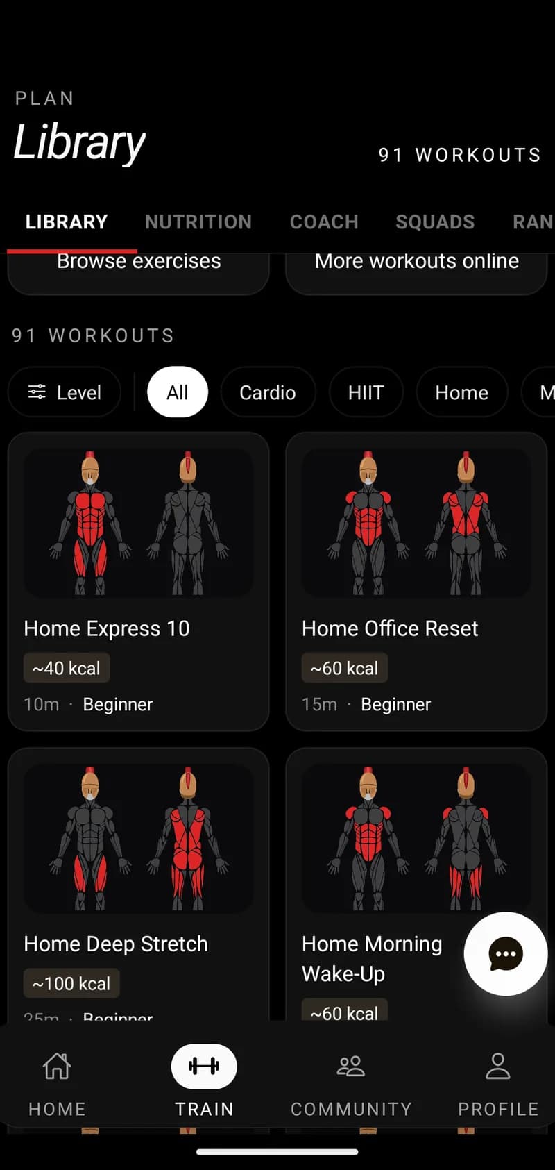 GymiaFit Train library screen showing ready-made workout plans